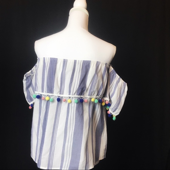 Promesa Navy Striped off the shoulder Pom Pom Top - Picture 4 of 7
